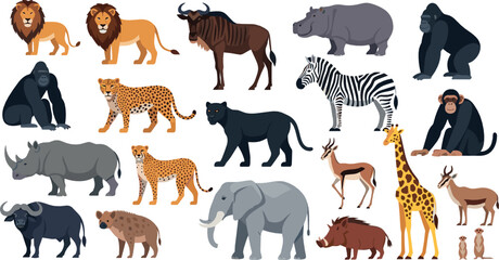 African Safari Animals Collection with Lion Elephant Giraffe Zebra Rhino Leopard and Wildlife Cartoon Vector Illustration Set © MdNazmul