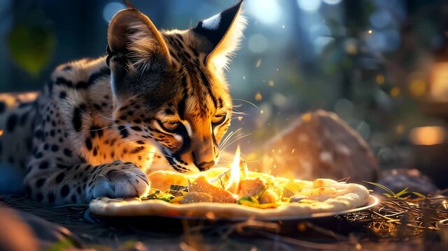 Wild Cat Eating Magical Glowing Food in Enchanted Forest