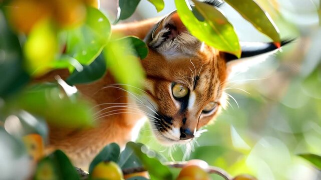 Caracal Wild Cat Peeking Through Green Leaves