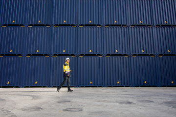Worker in reflective vest walking past a wall of blue shipping containers