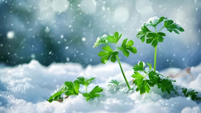 Green Plant in Snow: Resilience and New Growth in Winter Wonderland