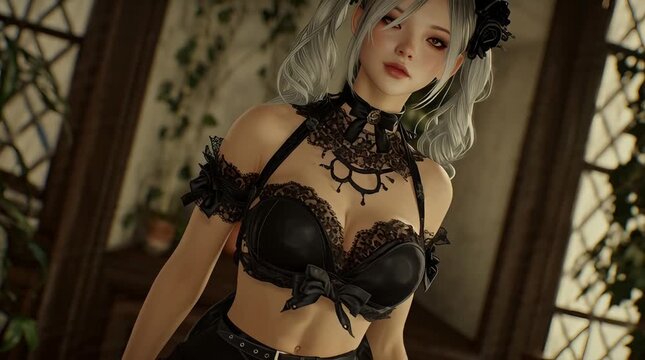 3D Animation of Busty Anime Girl with White Hair Wearing Cat Outfit for Halloween