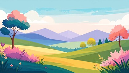 Fototapeta premium Colorful illustrated landscape featuring rolling hills, trees, and mountains under a blue sky