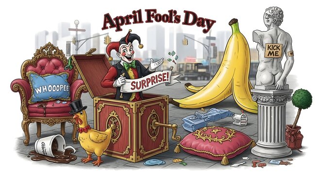 A jester's prank on april fools' day with a treasure chest and bananas.