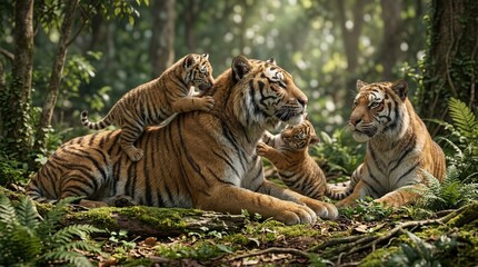 Obraz premium A family of majestic tigers, including two adults and two playful cubs, resting in a sun-dappled, lush green jungle environment.