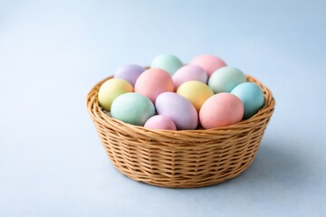Woven basket filled with pastel colored Easter eggs on a soft blue background