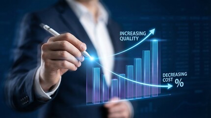 Obraz premium A business professional uses a digital stylus to illustrate a holographic bar chart, demonstrating an upward trend in quality and a downward trend in cost efficiency.