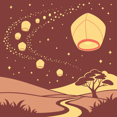 Night landscape with floating sky lanterns and sparkling stars, evoking magic, wishes, and celebration.