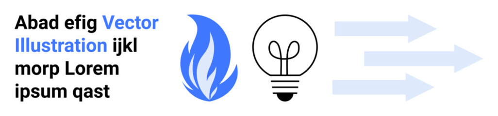 Innovation, energy, inspiration, creativity, sustainability, progress. A blue flame, light bulb and arrows pointing right. Innovation and energy concept with elements of progress and creativity