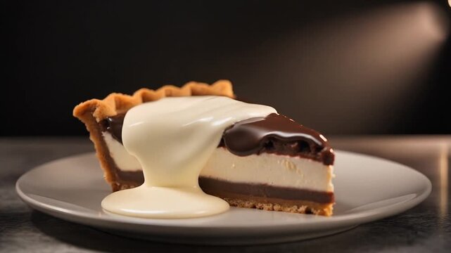 Elegant Boston cream pie dessert slice, thick vanilla custard sauce poured slowly over chocolate glaze in slow motion, high-end patisserie presentation