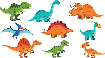 Colorful Dinosaur Collection with T Rex, Triceratops, Stegosaurus and Pterodactyl Cartoon Vector Illustration Set © MdNazmul