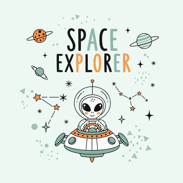 Whimsical galaxy scene with cute alien pilot spaceship and decorative space elements everywhere