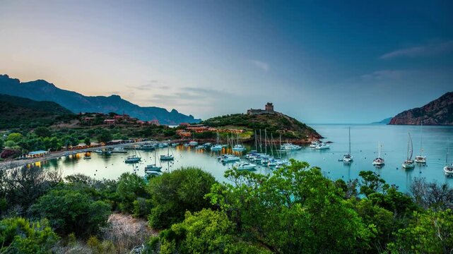 Beautiful calvi cityscape with harbor in foreground, corsica, france. high view of marina at dusk with boats reflecting in calm water and old city with citadel on hill background