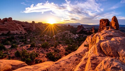 Desert landscape sun rays pierce rock formations, meeting scattered shrubs and a bright, cloudy, scenic, sky