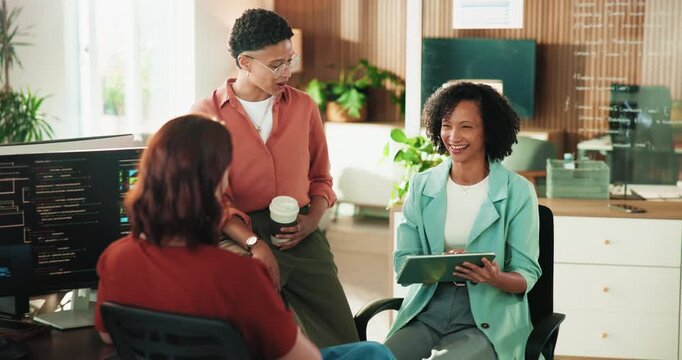 Excited, business people or high five with tablet for programming, good news or app success in office. Happy, group or coding with technology, smile or team for cybersecurity or winning in workplace