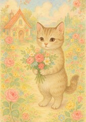 Naklejka premium Cute kitten holding flowers