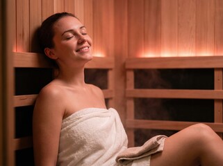 Relaxed woman enjoying sauna session with towel in wooden steam room