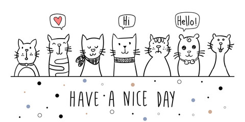 Cute cat illustration with six cartoon cats saying hi and hello perfect for greeting cards kids decor and positive messages minimal line art style © Needless