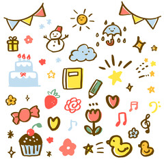 かわいい手書きの落書き風ベクターアイコン。天気、ハート、ガーランド、花、ケーキが散りばめられたデイリープランナーステッカーのコレクション。 © enr