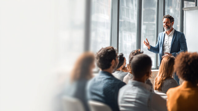 Business consultant leads workshop, engaging diverse group of professionals in modern office setting. atmosphere is collaborative and focused, with natural light streaming through large windows