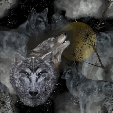 Seamless pattern with animal images. Close-up of a wolf's face, a wolf howling at the moon, a wolf silhouette on a black background. Can be used in the production of clothing, fabrics, and wallpaper.