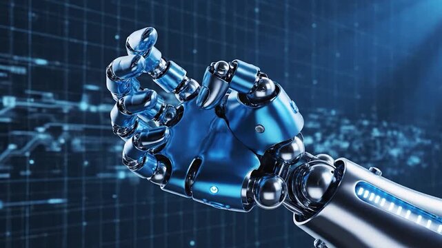A futuristic llic robotic hand extends forward against a digital grid