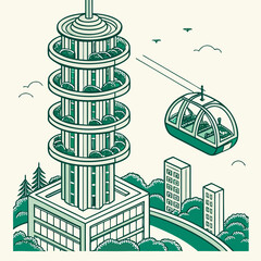 Modern eco-tower with green terraces and a gondola lift in a stylized city scene © maruf