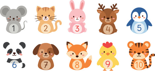 Fototapeta premium Cute Animal Numbers Collection with Mouse Cat Bunny Deer Penguin Panda Dog Fox Chick and Tiger Cartoon Vector Illustration Set