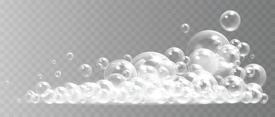 Soft white foam and floating soap bubbles. Realistic vector illustration