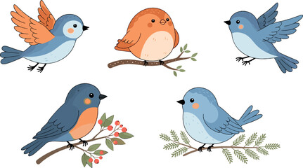 Fototapeta premium Cute Blue Bird Collection with Perched and Flying Songbirds on Branches Vector Illustration Set