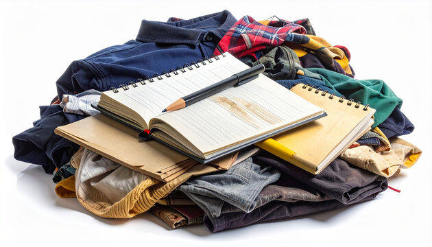 Stack of assorted casual clothing with open notebook spiral notepad pen and pencil isolated on white background for creative writing or lifestyle design projects