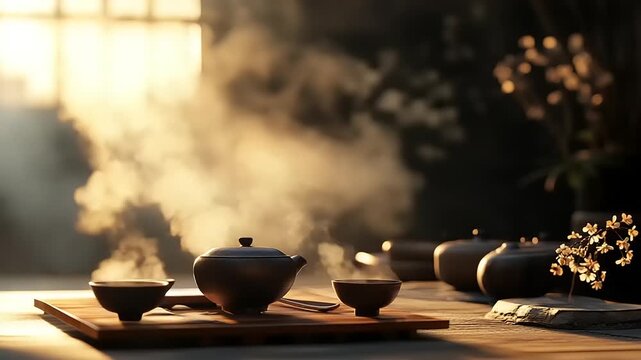 Steaming hot tea ceremony setup with traditional teapot and cups.