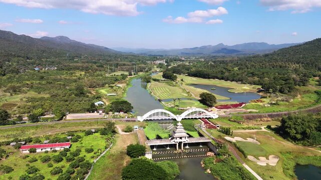 Drone view of Tha Chomphu White bridge and landscape in Thailand
