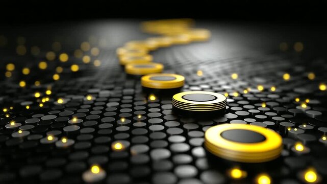 Black surface adorned with yellow circles representing milestone pathway in asset allocation roadmap concept, progress markers, with copy space