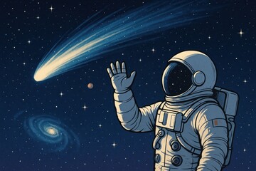 Fototapeta premium Astronaut waves at passing comet.