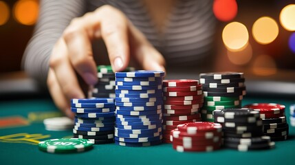 Naklejka premium Hand stacking poker chips in a vibrant casino with colorful bokeh background