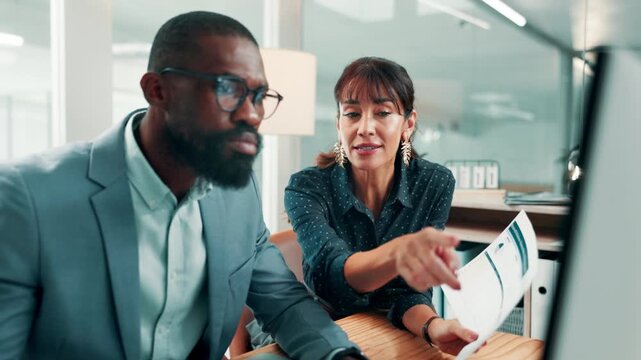 Computer, review or people with paperwork in office, risk assessment or growth opportunity in research. Pc, reading report or analyst team with chat for investment decision, market analysis or plan