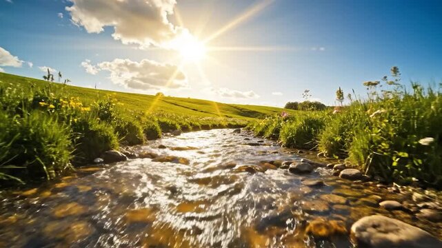 Sunlight sparkles on a y stream winding through lush green hills