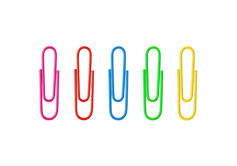 Colorful paper clips lined up in a row against a white background