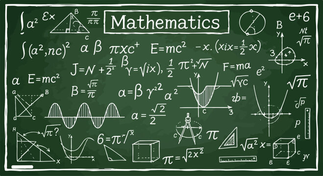 A detailed green chalkboard filled with complex mathematical equations and formulas for the International Day of Mathematics