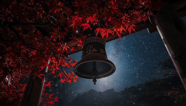 神社の鐘と紅葉の星空