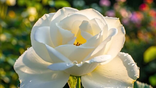 A beautiful white rose bud slowly opens, covered in fresh dew, bathed in warm