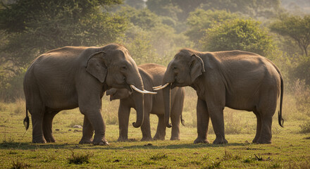 Fototapeta premium Asian Elephant Gathering in Open Field at Dusk Natural Wildlife Scene