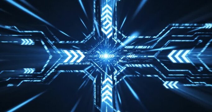 An immersive abstract animation features glowing blue light rays and intricate digital circuit patterns dynamically flowing through a futuristic pathway or tunnel. Bright directional arrows illuminate