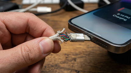 Broken Phone Charger: A close-up shot of a frayed and damaged phone charger cable, highlighting the consequences of wear and tear, and the importance of device maintenance.