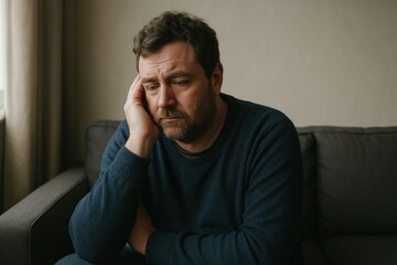 Fototapeta premium Pensive man sitting on couch.