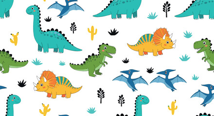Cute Dinosaur Seamless Pattern with T Rex, Triceratops and Pterodactyl Cartoon Vector Illustration © MdNazmul