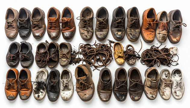 Top view of multiple pairs of worn vintage leather shoes and tangled laces arranged in organized rows isolated on clean white background for creative design or footwear concepts