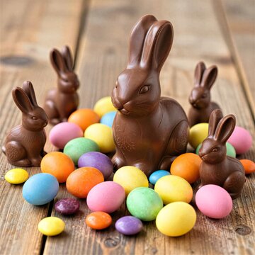 Hyperreal 3D Chocolate Easter Eggs with Bunny Figurines on Wood