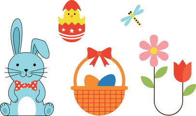 Fototapeta premium Cute Easter Bunny with Basket, Egg, Spring Flowers and Dragonfly Cartoon Vector Illustration Set